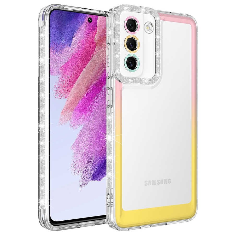 Samsung Galaxy S21 FE Kılıf Simli Renkli Parlak Kamera Lens Korumalı Transparan Kapak (Park) Pembe-Sarı