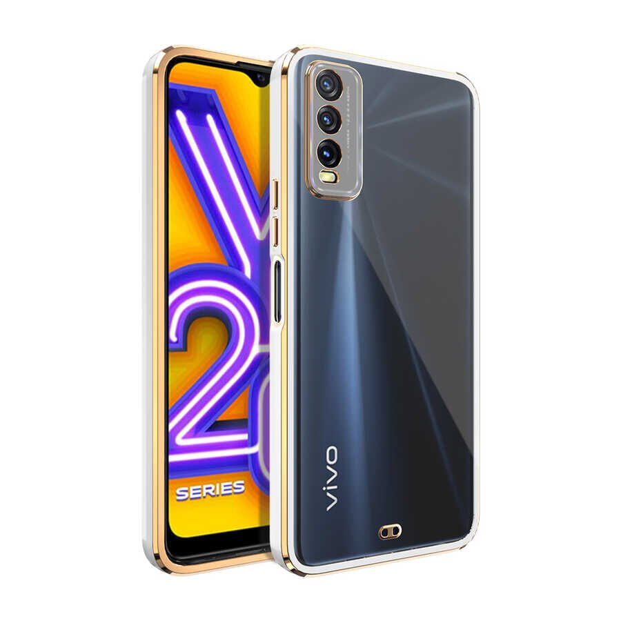 Vivo Y20 Kılıf Parlak Kenarlı Altın İşlemeli Kamera Korumalı Kapak (Voit c.) Beyaz