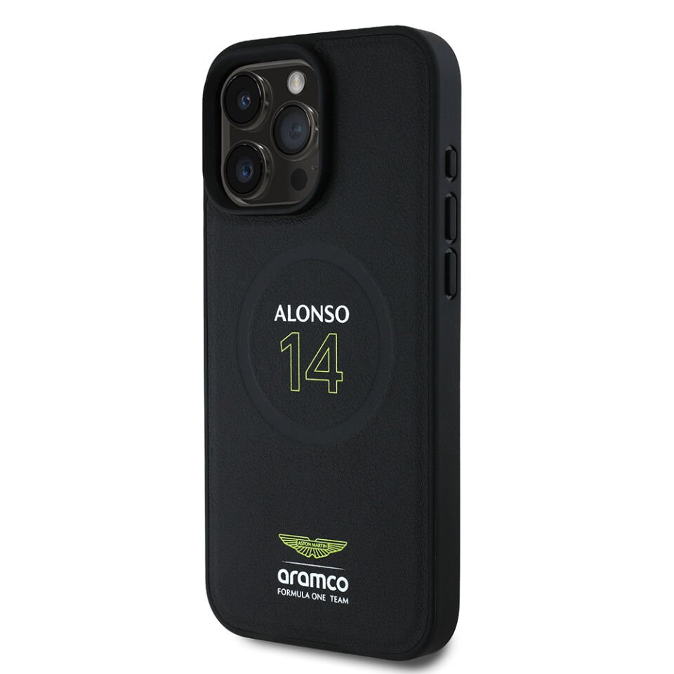 Apple iPhone 16 Pro Kılıf Aston Martin Orjinal Lisanslı Magsafe Şarj Özellikli PU Deri Alonso 14 Baskılı Kapak