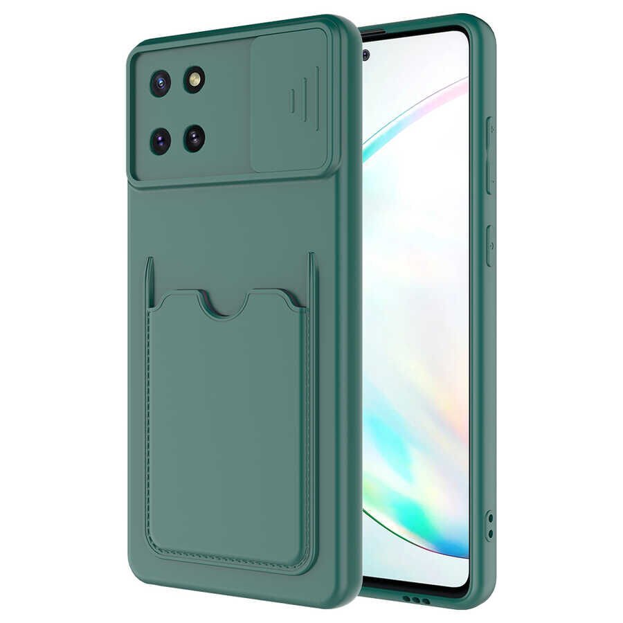 Samsung Galaxy A81 (Note 10 Lite) Kılıf Cüzdan Sürgülü Kamera Korumalı Kartllıklı Kapak (Kartix) Koyu Yeşil