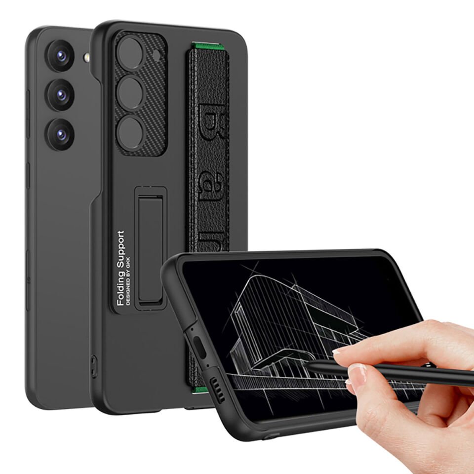 Galaxy S23 Kılıf Kamera Korumalı Standlı El Geçmeli Tutamaçlı Ultra İnce Kapak (BAND) Gümüş