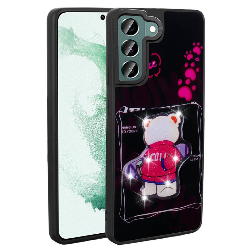 Samsung Galaxy S21 FE Kılıf Parlayan Kabartmalı İkonik Figürlü Silikon Kapak (Amas) Pembe