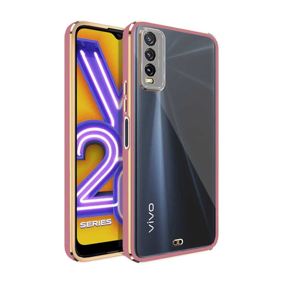 Vivo Y20S Kılıf Parlak Kenarlı Altın İşlemeli Kamera Korumalı Kapak (Voit c.) Pembe