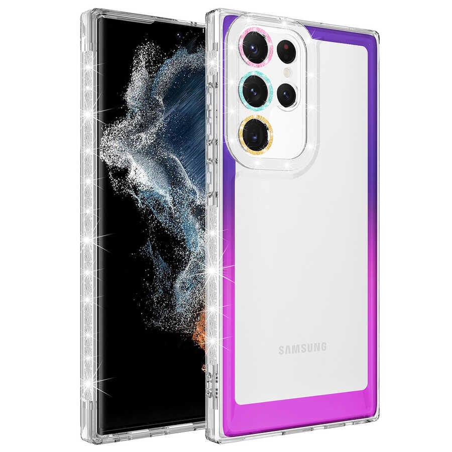 Samsung Galaxy S22 Ultra Kılıf Simli Renkli Parlak Kamera Lens Korumalı Transparan Kapak (Park) Mor-Pembe