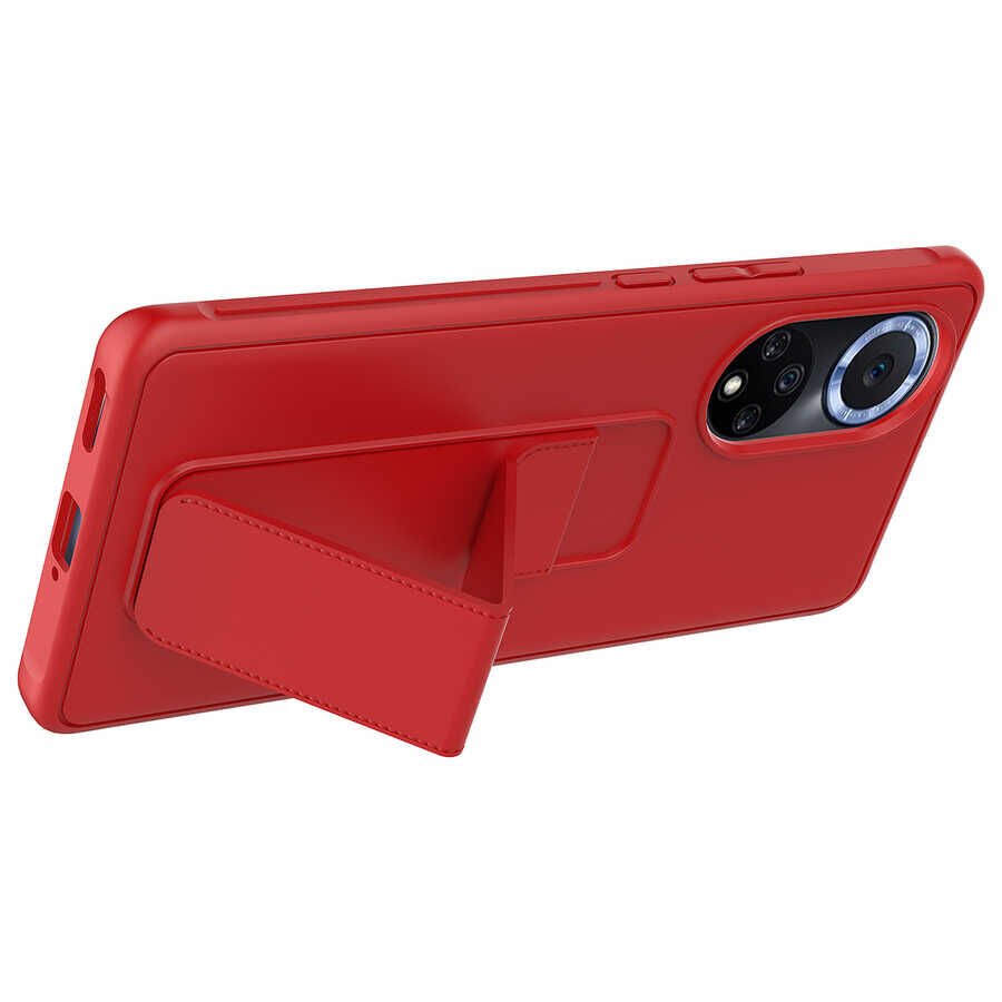 Huawei Nova 9 Kılıf Standlı Lansman Yumuşak Dokulu Renkli Esnek Silikon Kapak (QSTAND) Kırmızı