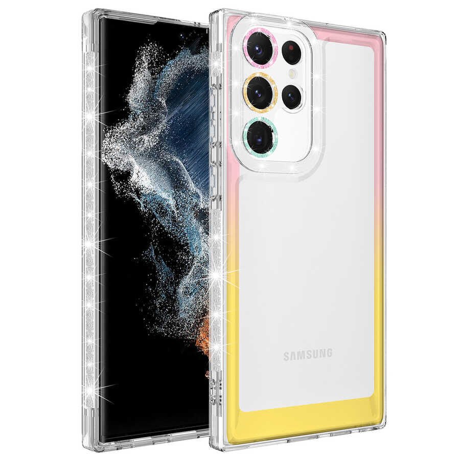 Samsung Galaxy S22 Ultra Kılıf Simli Renkli Parlak Kamera Lens Korumalı Transparan Kapak (Park) Mavi-Mor