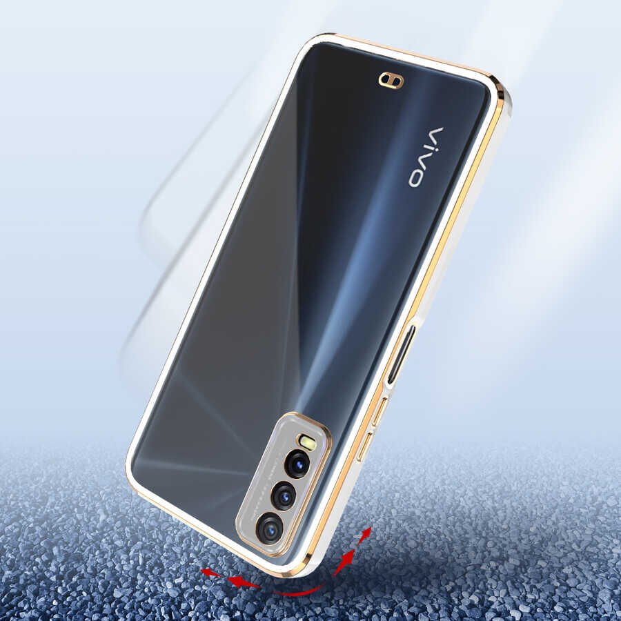 Vivo Y20S Kılıf Parlak Kenarlı Altın İşlemeli Kamera Korumalı Kapak (Voit c.) Mavi Açık