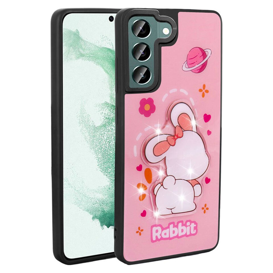 Samsung Galaxy S22 Kılıf Parlayan Kabartmalı İkonik Figürlü Silikon Kapak (Amas) Pembe