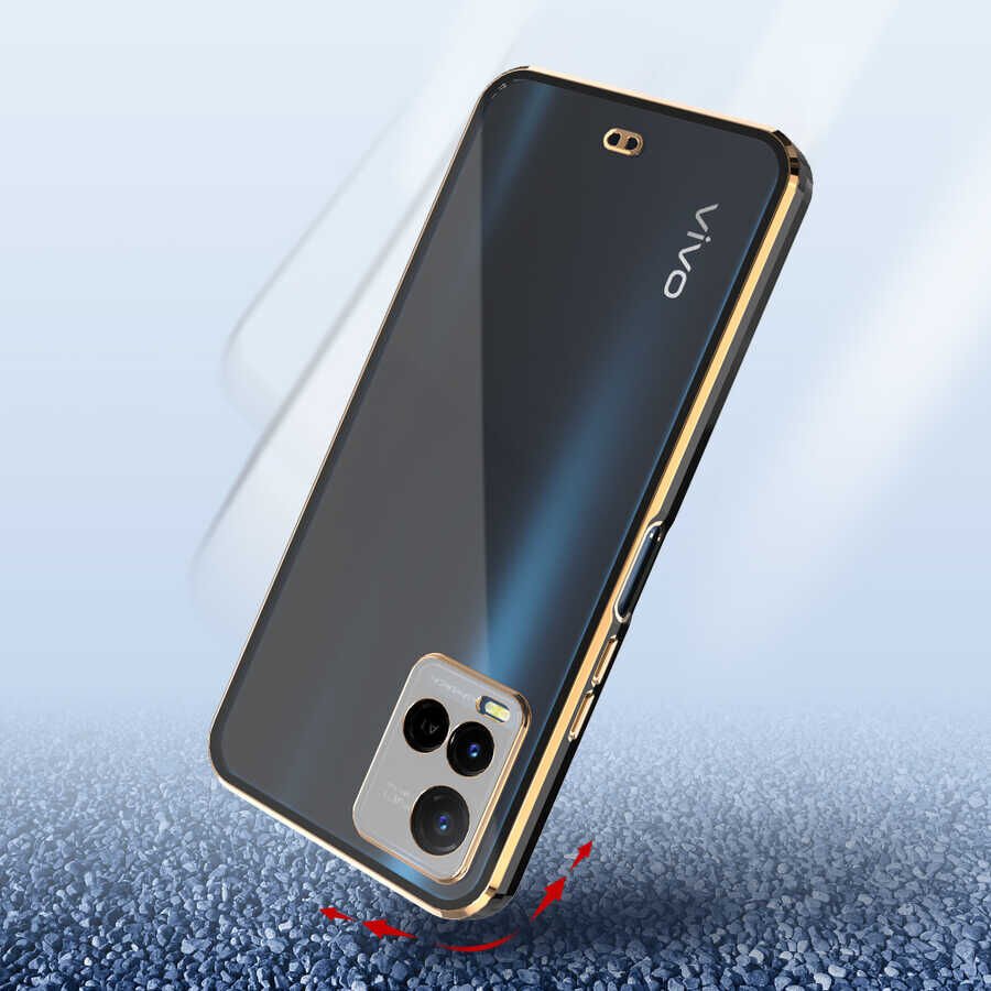 Vivo Y32 Kılıf Parlak Kenarlı Altın İşlemeli Kamera Korumalı Kapak (Voit c.) Siyah