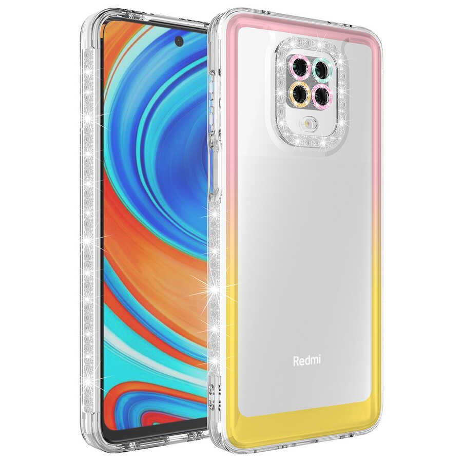 Xiaomi Redmi Note 9S Kılıf Simli Renkli Parlak Kamera Lens Korumalı Transparan Kapak (Park) Pembe-Sarı