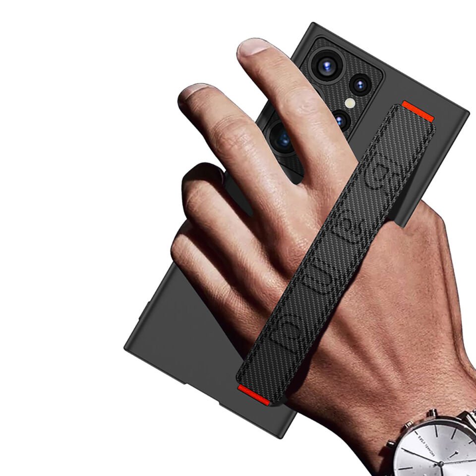 Galaxy S23 Ultra Kılıf Kamera Korumalı Standlı El Geçmeli Tutamaçlı Ultra İnce Kapak (BAND) Siyah Karbon