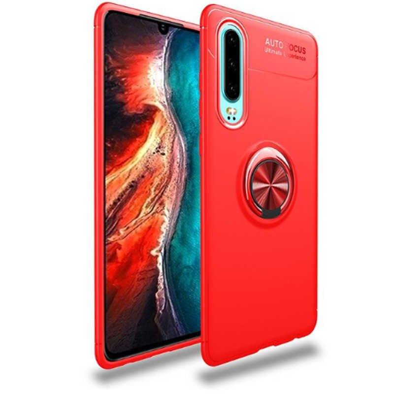 Huawei P30 Kılıf Kamera Çıkıntılı Renkli Yüzüklü Standlı Mıknatıslı Kapak (RAVEL) Siyah