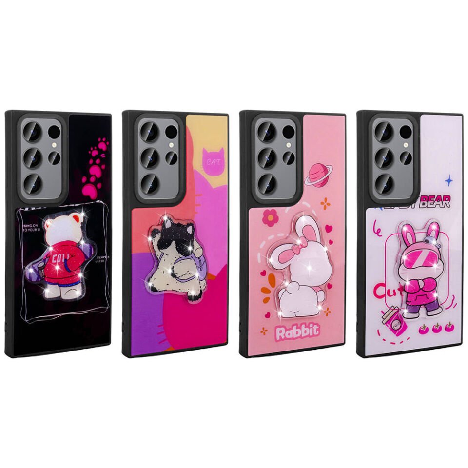 Samsung Galaxy S22 Ultra Kılıf Parlayan Kabartmalı İkonik Figürlü Silikon Kapak (Amas) Mor