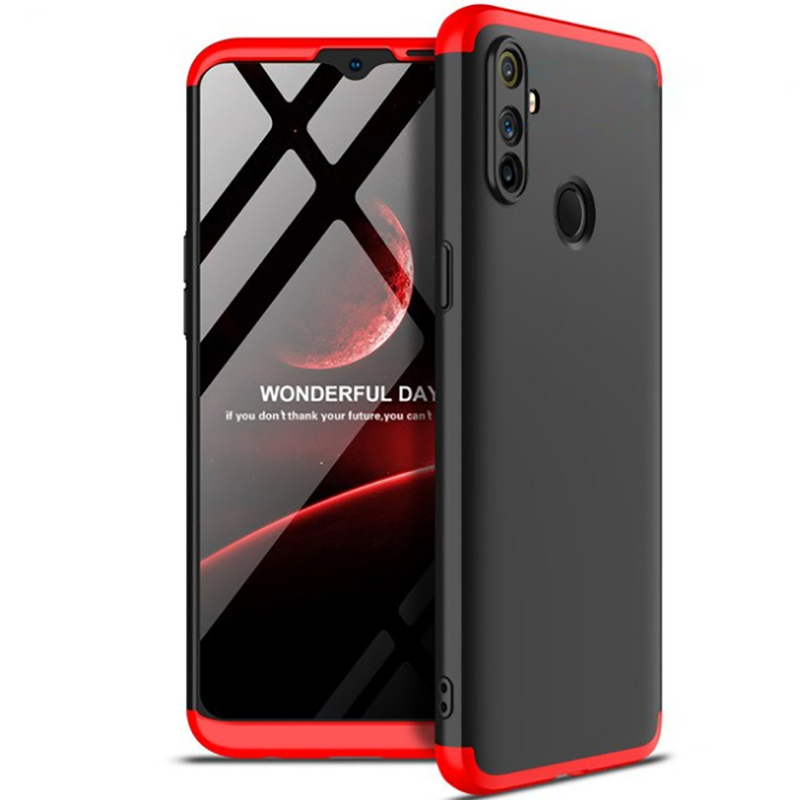 Realme C3 Kılıf 360 Tam Koruma Ön Ve Arka Sert Mika Kapak Orjinal Ays Gkk Kapak Siyah-Kırmızı