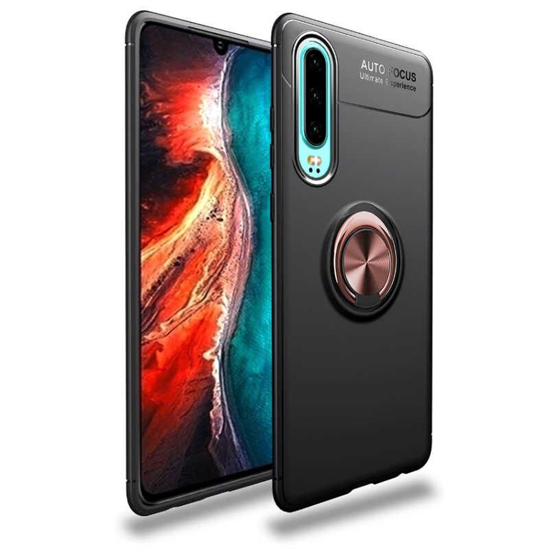 Huawei P30 Kılıf Kamera Çıkıntılı Renkli Yüzüklü Standlı Mıknatıslı Kapak (RAVEL) Siyah-Kırmızı