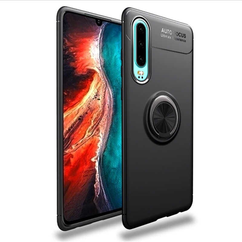 Huawei P30 Kılıf Kamera Çıkıntılı Renkli Yüzüklü Standlı Mıknatıslı Kapak (RAVEL) Siyah-Kırmızı