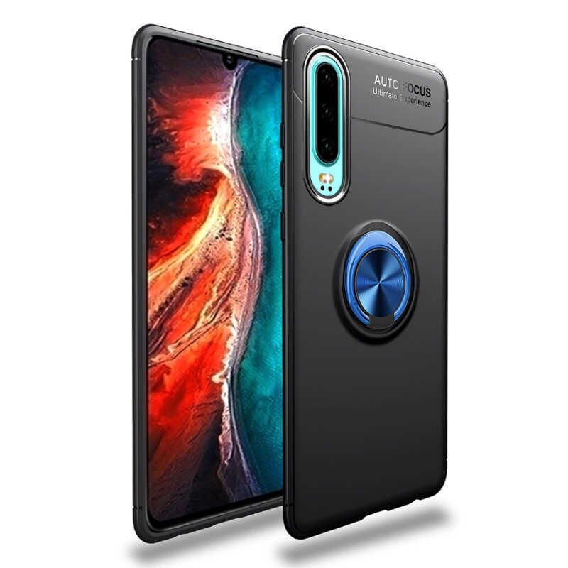 Huawei P30 Kılıf Kamera Çıkıntılı Renkli Yüzüklü Standlı Mıknatıslı Kapak (RAVEL) Siyah-Kırmızı