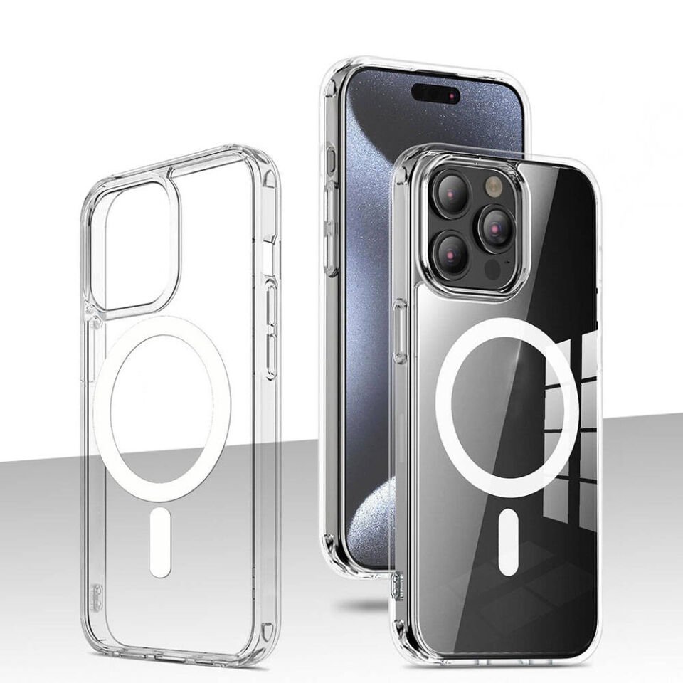 Apple iPhone 15 Pro Max Kılıf Magsafe Wireless Şarj Destekli Sert Şeffaf Darbe Emici Kapak (EMBOS) Renksiz