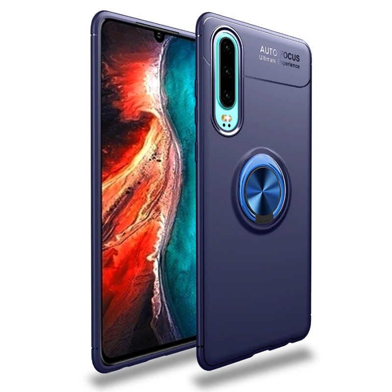 Huawei P30 Kılıf Kamera Çıkıntılı Renkli Yüzüklü Standlı Mıknatıslı Kapak (RAVEL) Siyah-Mavi
