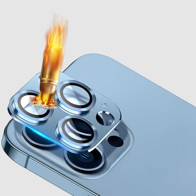 Apple iPhone 13 Pro Max Kamera Lens Koruyucu Kolay Takma Aparatlı Metal Malzemeli (CL-03) Mavi