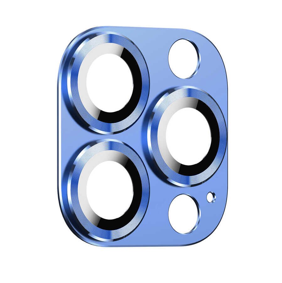 Apple iPhone 13 Pro Max Kamera Lens Koruyucu Kolay Takma Aparatlı Metal Malzemeli (CL-03) Mavi