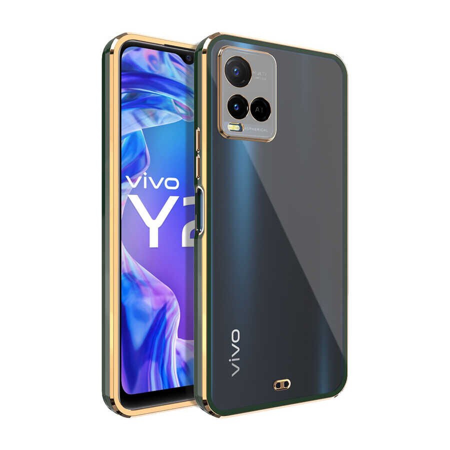 Vivo Y33S Kılıf Parlak Kenarlı Altın İşlemeli Kamera Korumalı Kapak (Voit c.) Yeşil