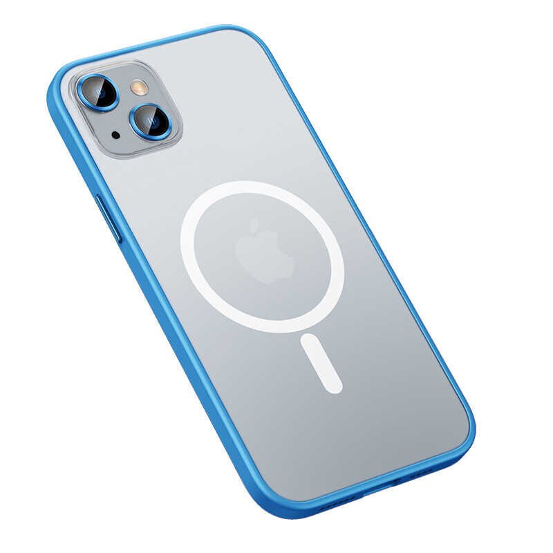 Apple  iPhone 13 Kılıf Lens Koruyuculu Tacsafe Destekli Kenarları Renkli Mat  Kapak (MOKKA) Mavi