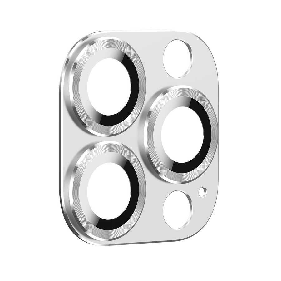 Apple iPhone 13 Pro Max Kamera Lens Koruyucu Kolay Takma Aparatlı Metal Malzemeli (CL-03) Gümüş