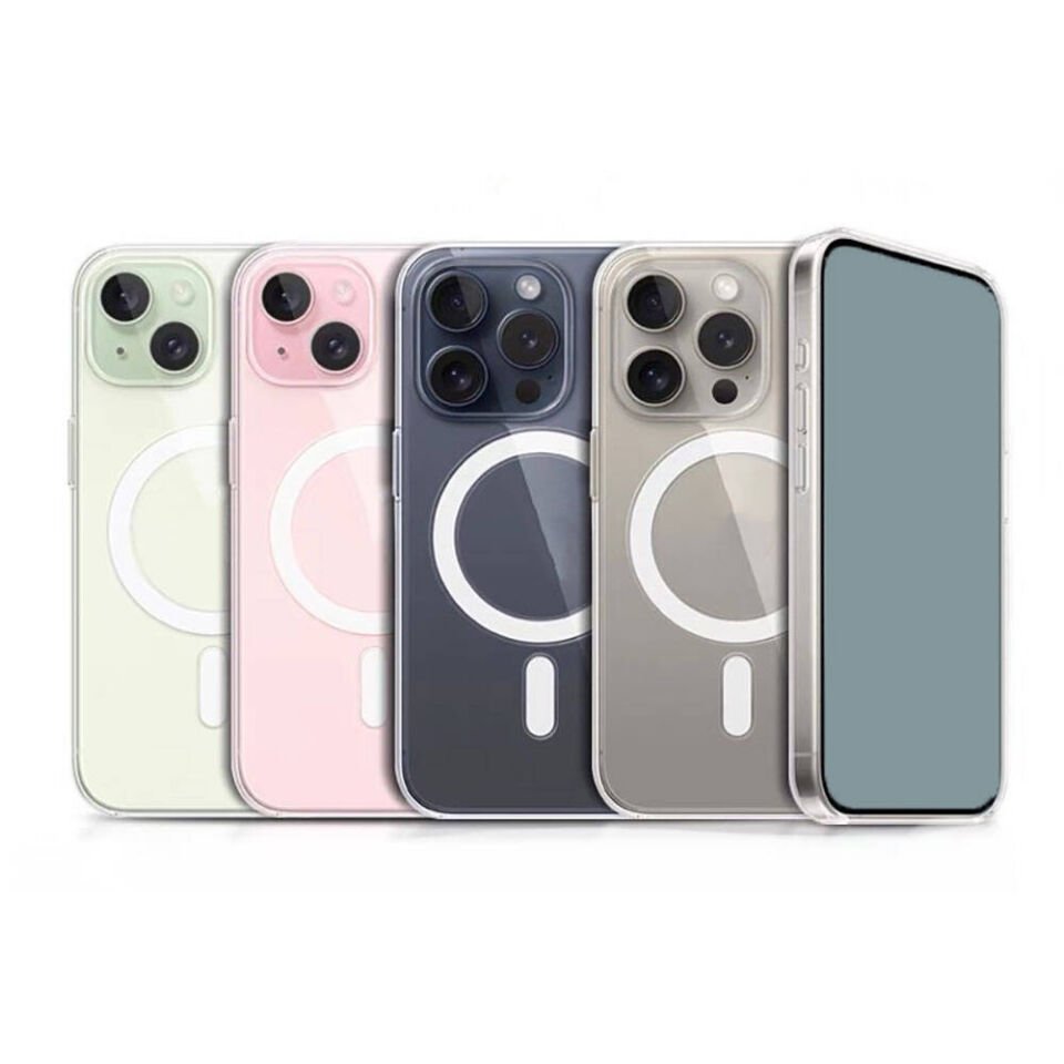 Apple iPhone 15 Plus Kılıf Magsafe Wireless Şarj Destekli Sert Şeffaf Darbe Emici Kapak (EMBOS) Renksiz