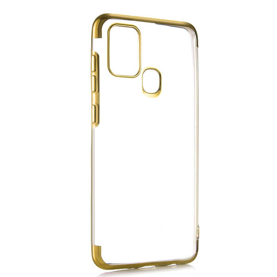 Samsung Galaxy A21S Kılıf Dört Köşe Renkli Lazer Şeffaf Silikon Kapak (GLİTTER) Rose Gold