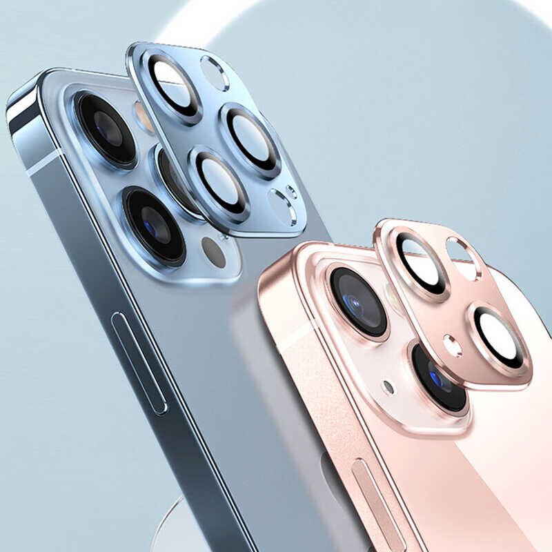 Apple iPhone 13 Pro Max Kamera Lens Koruyucu Kolay Takma Aparatlı Metal Malzemeli (CL-03) Mavi Açık