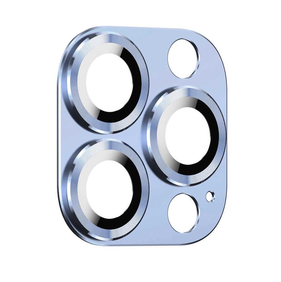 Apple iPhone 13 Pro Max Kamera Lens Koruyucu Kolay Takma Aparatlı Metal Malzemeli (CL-03) Mavi Açık