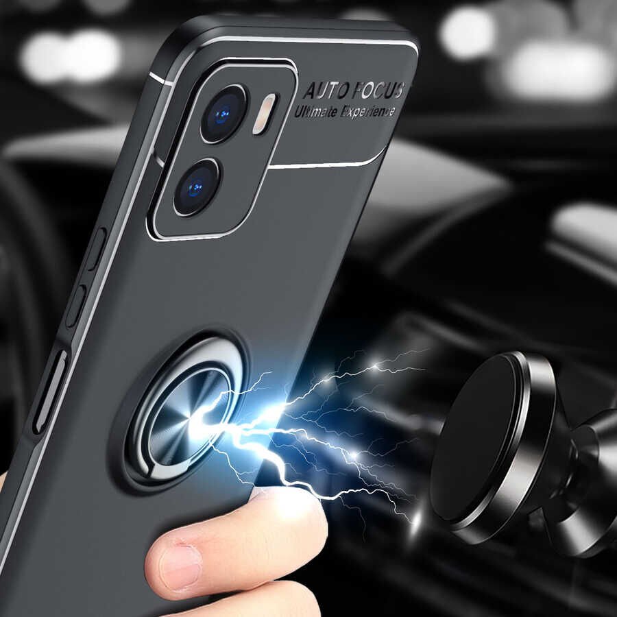 Vivo Y15S Kılıf Kamera Çıkıntılı Renkli Yüzüklü Standlı Mıknatıslı Kapak (RAVEL) Siyah