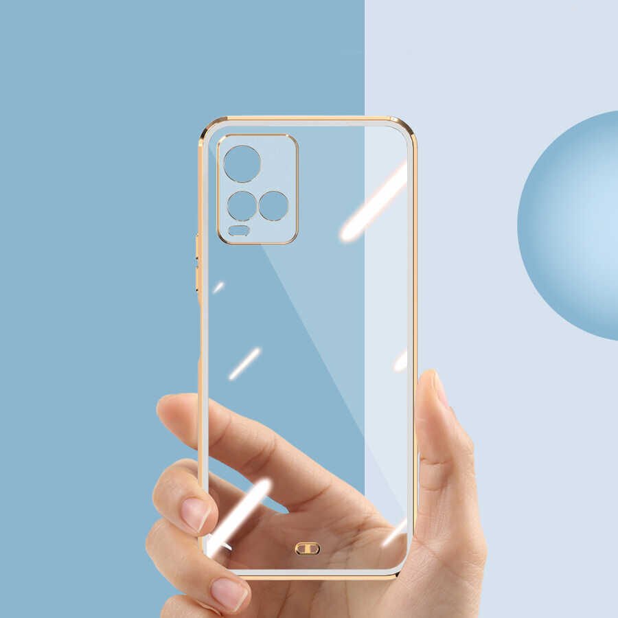 Vivo Y21S Kılıf Parlak Kenarlı Altın İşlemeli Kamera Korumalı Kapak (Voit c.) Beyaz