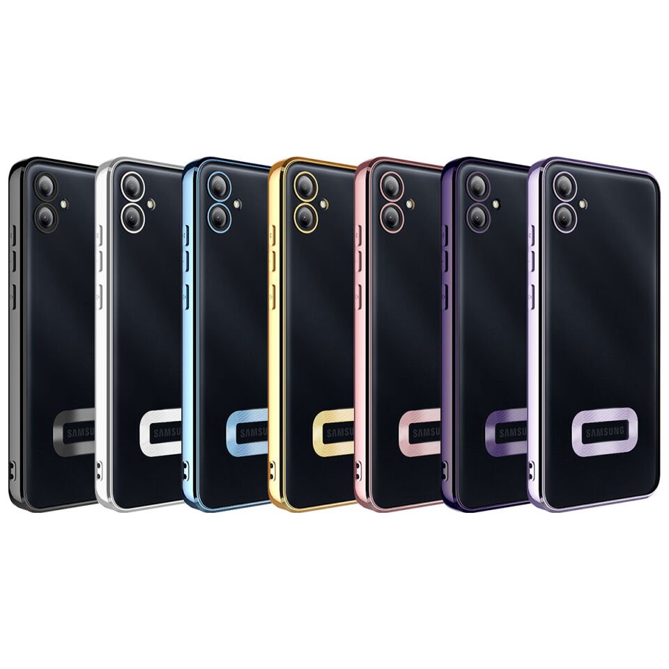 Samsung Galaxy A04E Kılıf Kamera Lens Korumalı Logo Gösteren Parlak Kenarlı Kapak (OMEGA) Rose Gold