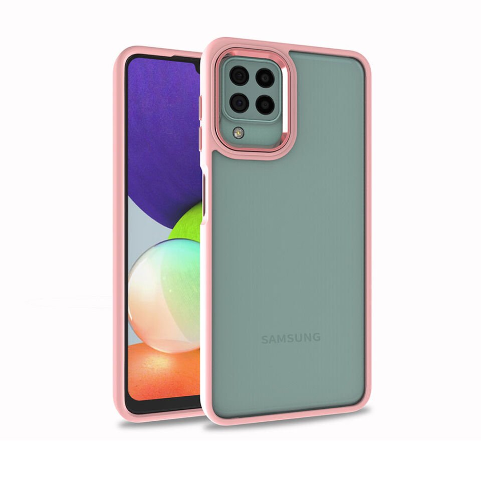 Samsung Galaxy A22 4G Kılıf Kamera Çıkıntılı Arkası Şeffaf Hassas Tuşlu Kenarlı Kapak (Flora) Mavi