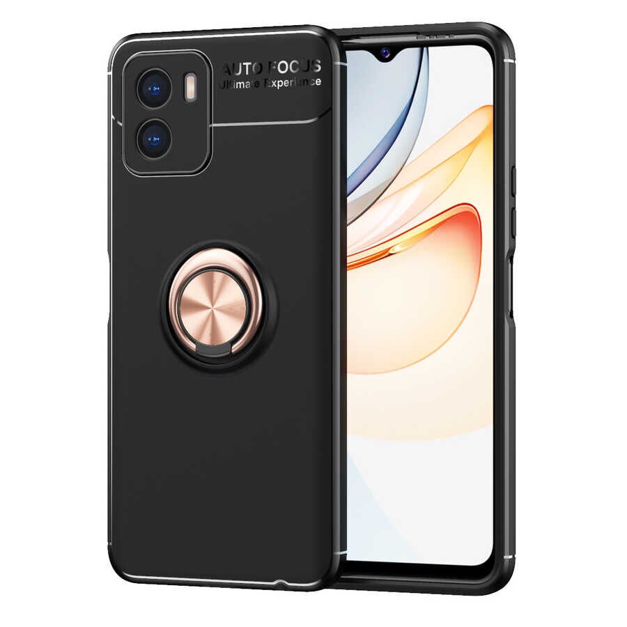 Vivo Y15S Kılıf Kamera Çıkıntılı Renkli Yüzüklü Standlı Mıknatıslı Kapak (RAVEL) Siyah-Rose Gold