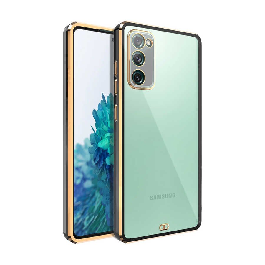Samsung Galaxy S20 FE Kılıf Parlak Kenarlı Altın İşlemeli Kamera Korumalı Kapak (Voit c.) Siyah