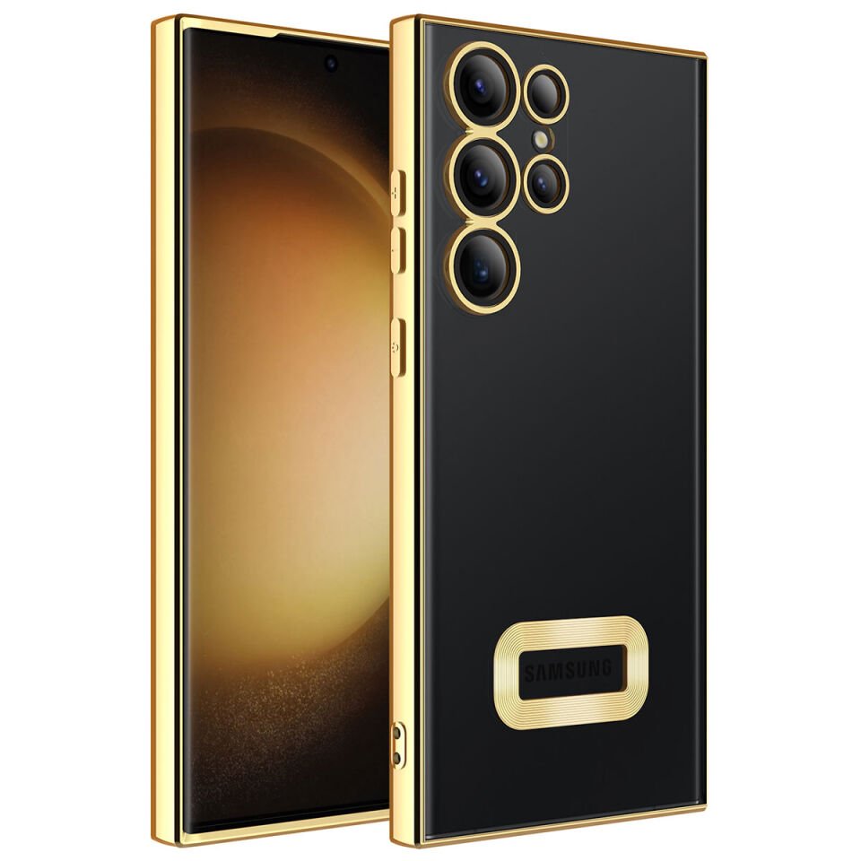 Samsung Galaxy S23 Ultra Kılıf Kamera Lens Korumalı Logo Gösteren Parlak Kenarlı Kapak (OMEGA) Rose Gold