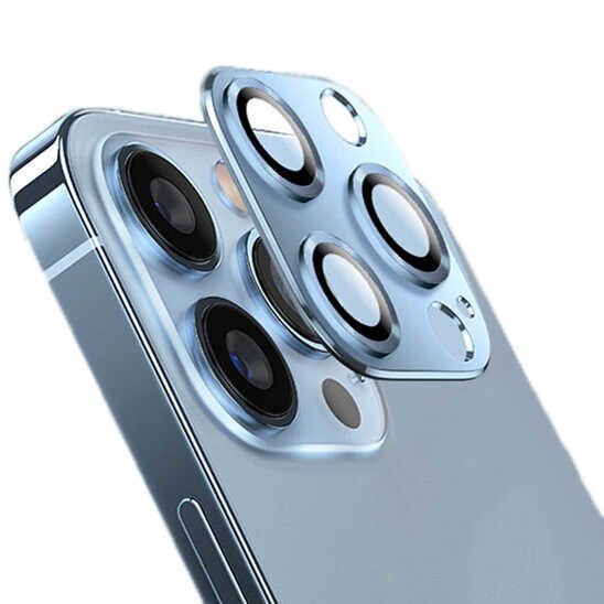 Apple iPhone 13 Pro Kamera Lens Koruyucu Kolay Takma Aparatlı Metal Malzemeli (CL-03) Mavi Açık