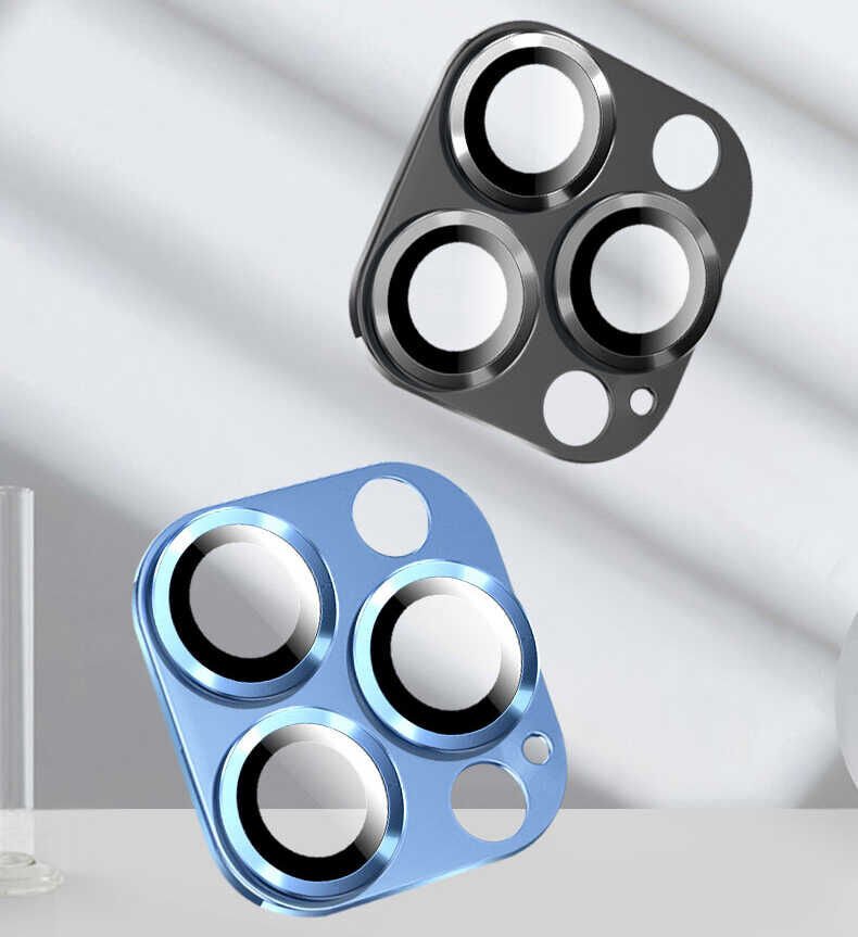 Apple iPhone 13 Pro Kamera Lens Koruyucu Kolay Takma Aparatlı Metal Malzemeli (CL-03) Mavi Açık