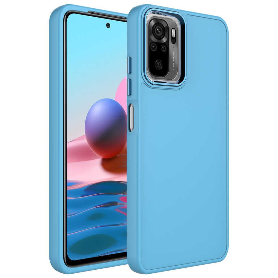 Xiaomi Redmi Note 10 Kılıf Metal Çerçeveli Hassas Butonlu Renkli İçi Kadife Lansman Kapak (LUNA) Sierra Mavi