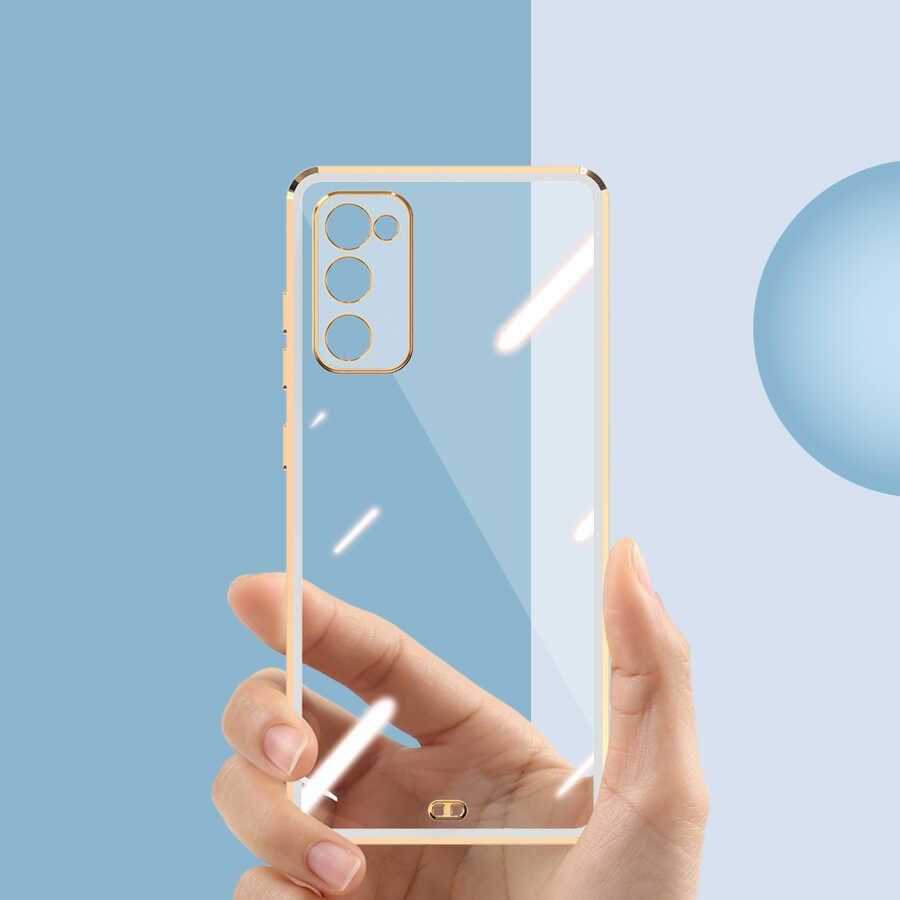 Samsung Galaxy S20 FE Kılıf Parlak Kenarlı Altın İşlemeli Kamera Korumalı Kapak (Voit c.) Mavi Açık