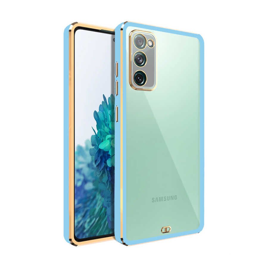 Samsung Galaxy S20 FE Kılıf Parlak Kenarlı Altın İşlemeli Kamera Korumalı Kapak (Voit c.) Mavi Açık