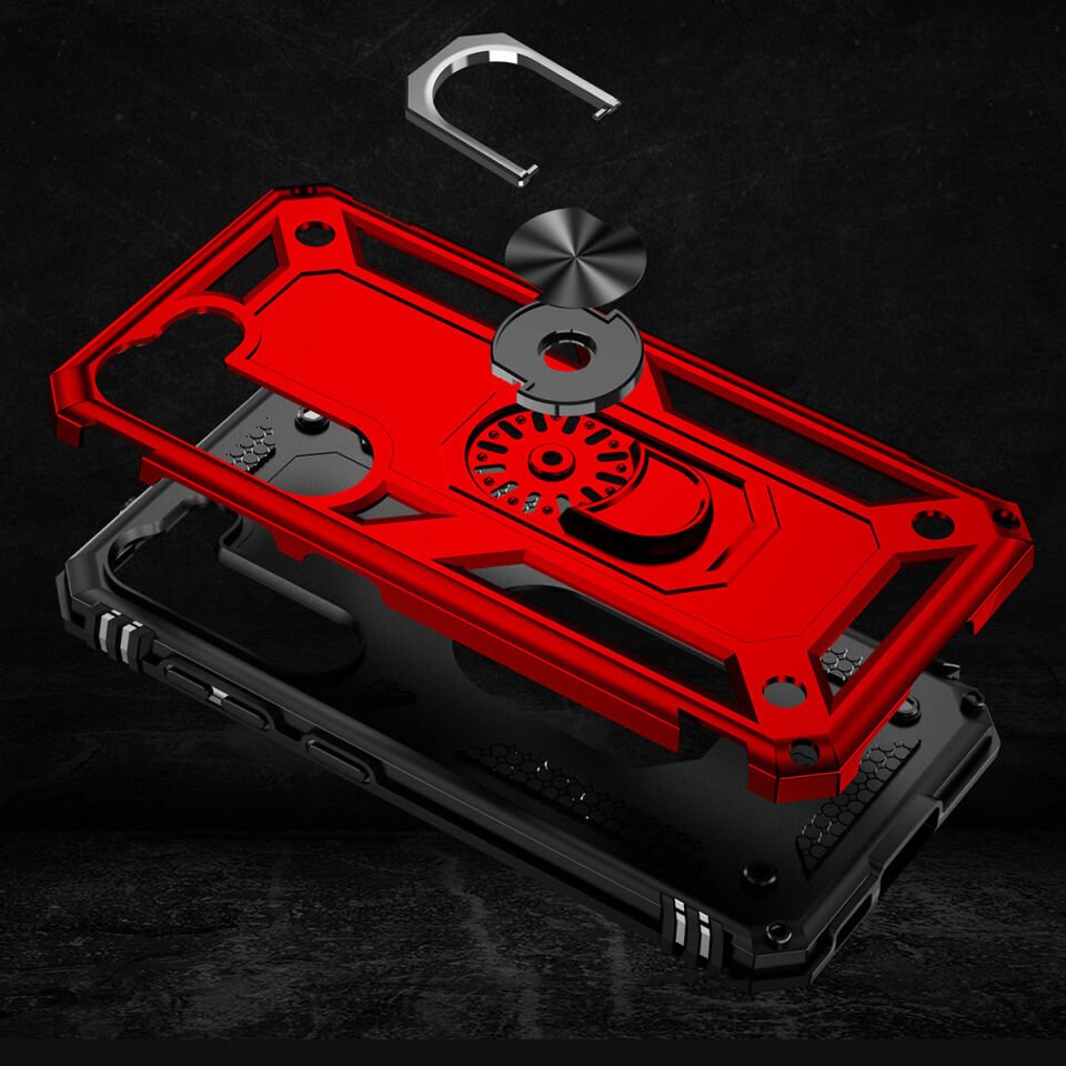 Samsung Galaxy S23 Plus Kılıf Tank Zırh Yüzüklü Mıknatıslı Standlı Kapak (VEGA) Kırmızı
