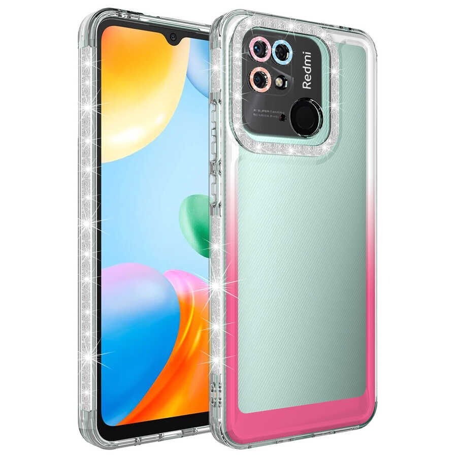 Xiaomi Redmi 10C Kılıf Simli Renkli Parlak Kamera Lens Korumalı Transparan Kapak (Park) Beyaz-Pembe