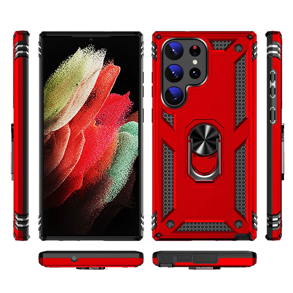 Samsung Galaxy S23 Ultra Kılıf Tank Zırh Yüzüklü Mıknatıslı Standlı Kapak (VEGA) Kırmızı