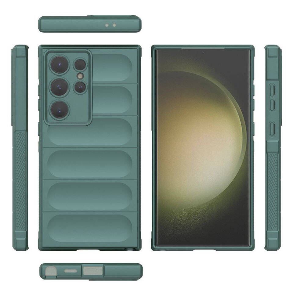 Samsung Galaxy S24 Ultra Kılıf Esnek TPU Oyuklu Arka Yüzey Tasarımlı Silikon Kapak (Etnik) Koyu Yeşil