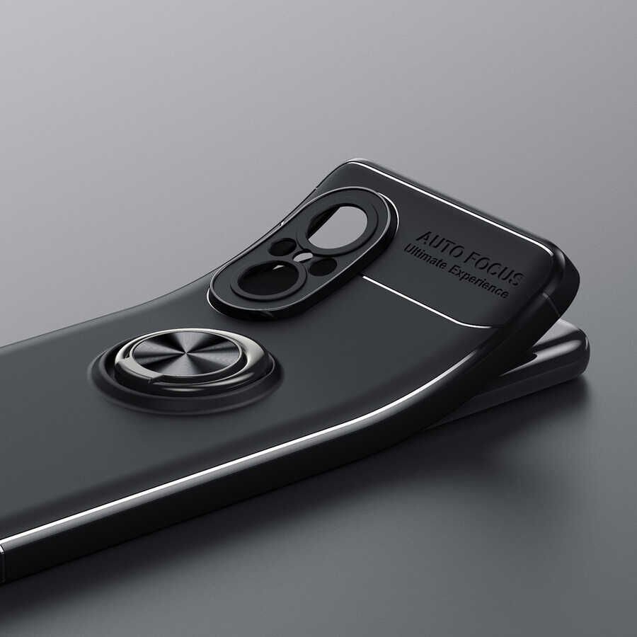 Huawei Nova 9 SE Kılıf Kamera Çıkıntılı Renkli Yüzüklü Standlı Mıknatıslı Kapak (RAVEL) Siyah-Mavi