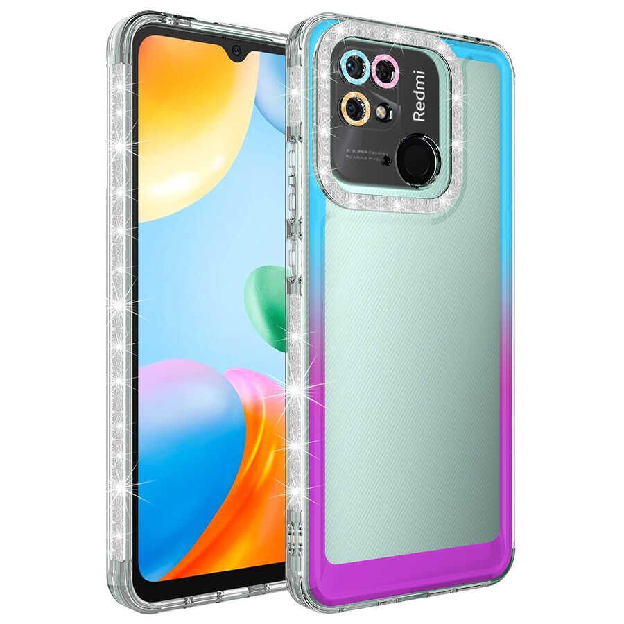 Xiaomi Redmi 10C Kılıf Simli Renkli Parlak Kamera Lens Korumalı Transparan Kapak (Park) Mavi-Mor